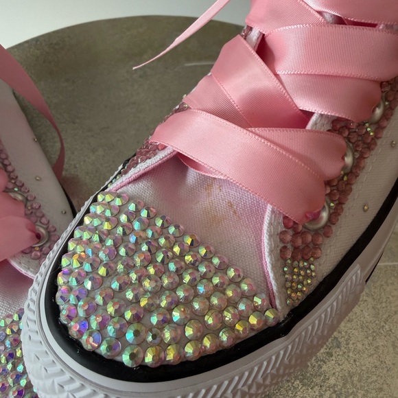 Converse - Hello Kitty White and Pink Bedazzled High-Top Sneakers - Picture 5 of 16